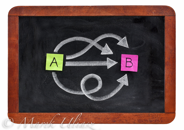 multiple ways for going from A to B, reaching destination or solution - alternatives concept presented with sticky notes, white chalk on vintage blackboard isolated on white